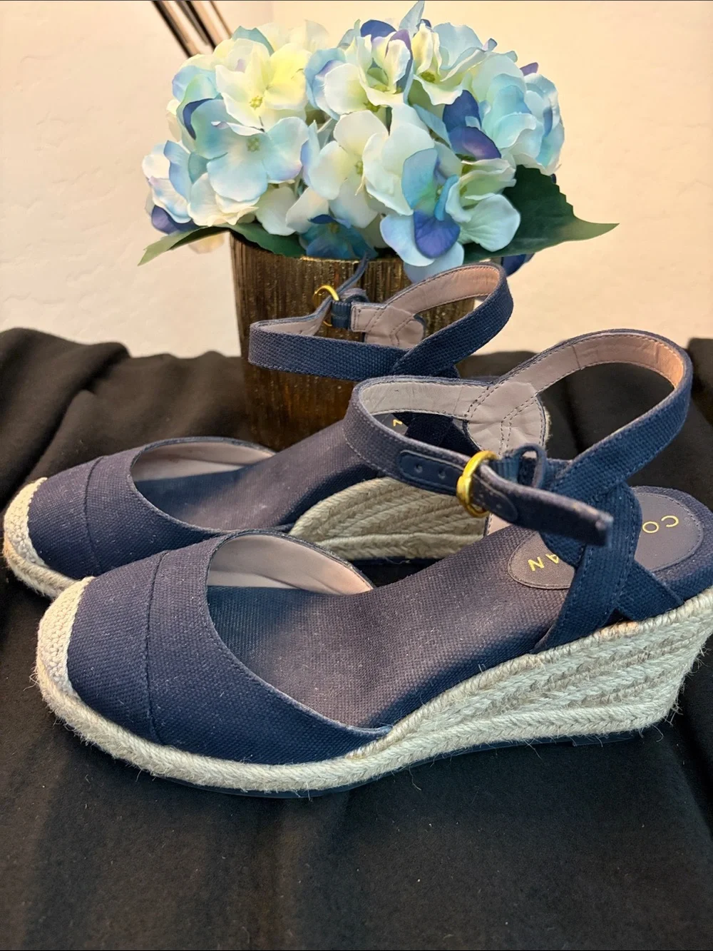 Cole Haan Navy Canvas Espadrille Wedge Sandals with Ankle Strap 3 in heels